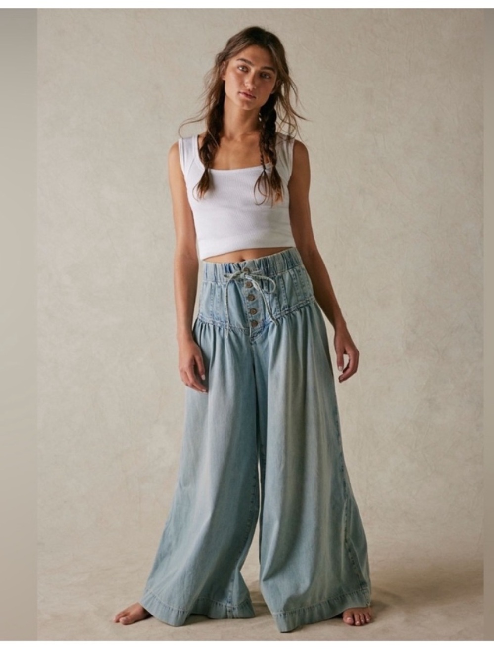 We The Free Forget Me Not Light Blue Wide-Leg Women's Jeans with Smocked Waist
